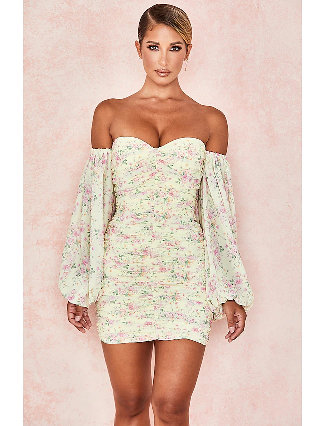 Sexy Partykleid mit Blumenmuster, schulterfrei, langärmlig, kurz, Minikleid aus Spandex mit gerüschtem Musterdruck